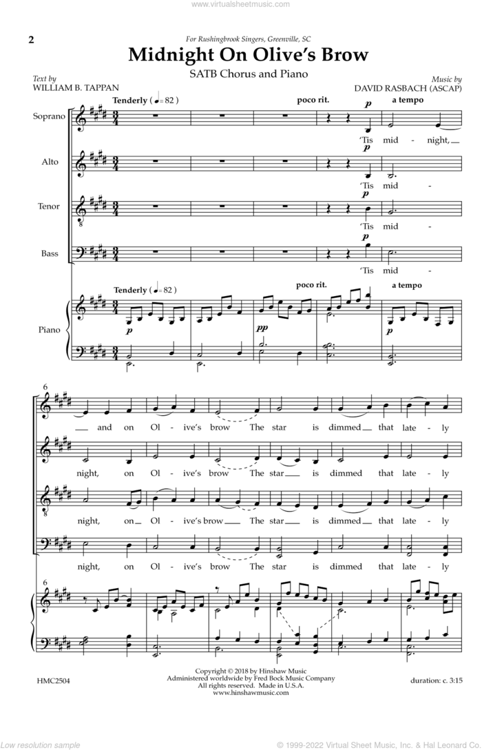 Midnight on Olive's Brow sheet music for choir (SATB: soprano, alto, tenor, bass) by William B. Teppan and David Rasbach, intermediate skill level