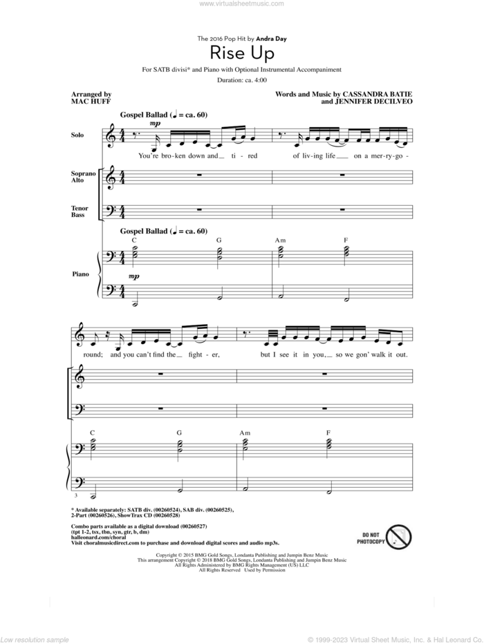 Rise Up (arr. Mac Huff) sheet music for choir (SATB: soprano, alto, tenor, bass) by Mac Huff, Andra Day, Cassandra Batie and Jennifer Decilveo, intermediate skill level