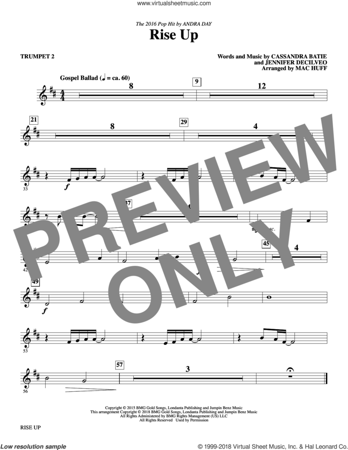 Rise Up (arr. Mac Huff) sheet music for orchestra/band (trumpet 2) by Mac Huff, Andra Day, Cassandra Batie and Jennifer Decilveo, intermediate skill level
