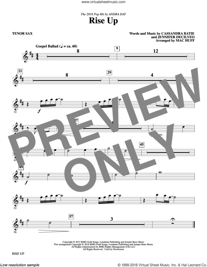Rise Up (arr. Mac Huff) sheet music for orchestra/band (tenor sax) by Mac Huff, Andra Day, Cassandra Batie and Jennifer Decilveo, intermediate skill level