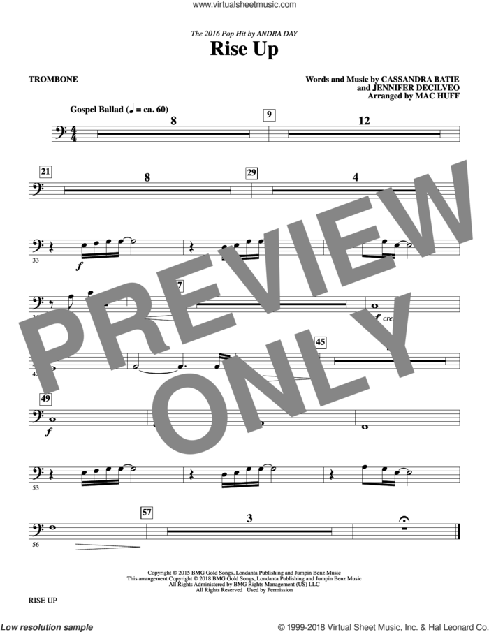 Rise Up (arr. Mac Huff) sheet music for orchestra/band (trombone) by Mac Huff, Andra Day, Cassandra Batie and Jennifer Decilveo, intermediate skill level
