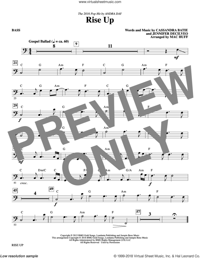 Rise Up (arr. Mac Huff) sheet music for orchestra/band (bass) by Mac Huff, Andra Day, Cassandra Batie and Jennifer Decilveo, intermediate skill level