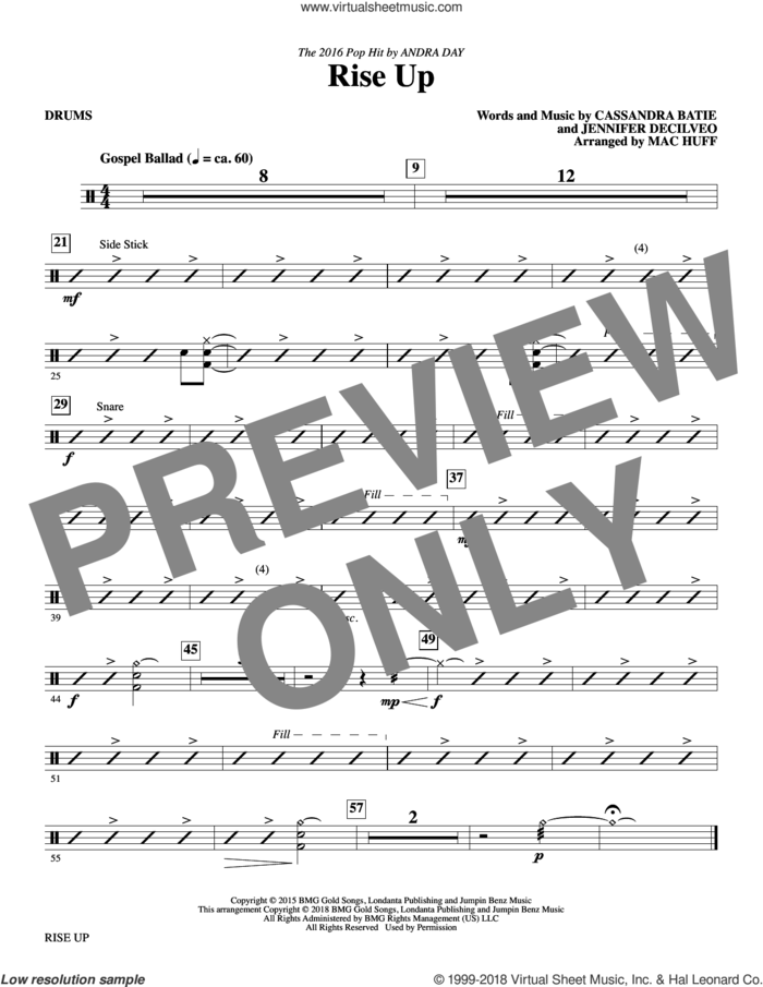 Rise Up (arr. Mac Huff) sheet music for orchestra/band (drums) by Mac Huff, Andra Day, Cassandra Batie and Jennifer Decilveo, intermediate skill level