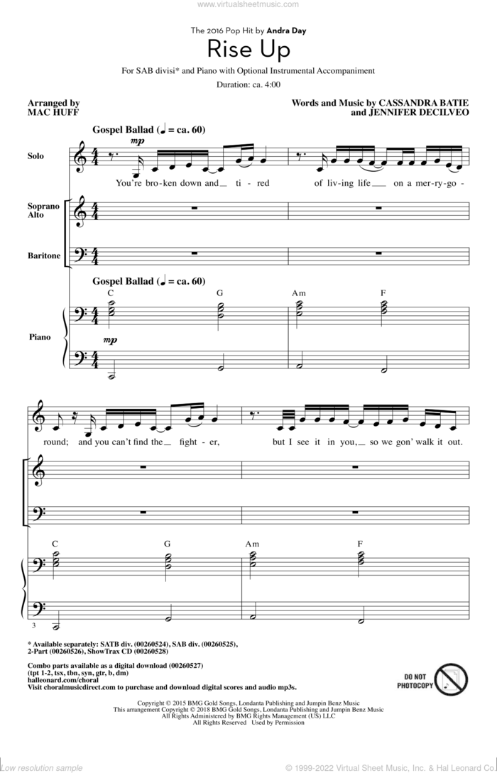 Rise Up (arr. Mac Huff) sheet music for choir (SAB: soprano, alto, bass) by Mac Huff, Andra Day, Cassandra Batie and Jennifer Decilveo, intermediate skill level