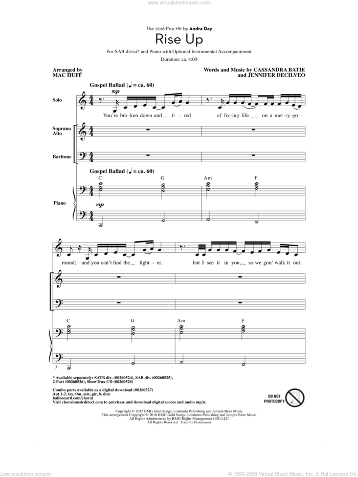 Rise Up (arr. Mac Huff) sheet music for choir (SAB: soprano, alto, bass) by Mac Huff, Andra Day, Cassandra Batie and Jennifer Decilveo, intermediate skill level