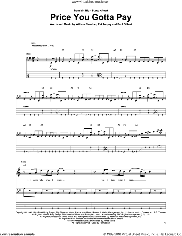 Price You Gotta Pay sheet music for bass (tablature) (bass guitar) by Billy Sheehan, Pat Torpey and Paul Gilbert, intermediate skill level