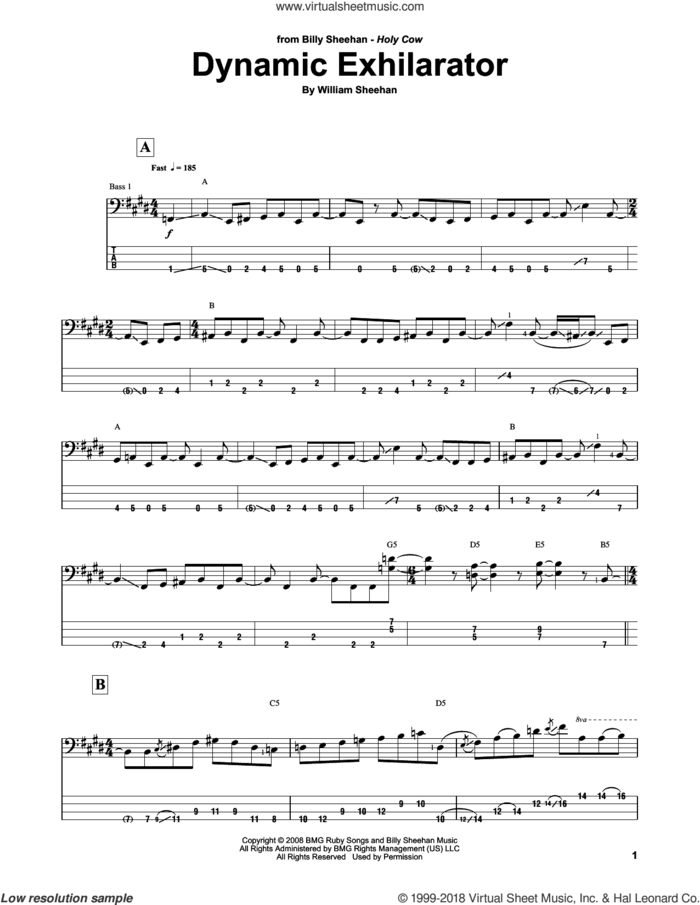 Dynamic Exhilarator sheet music for bass (tablature) (bass guitar) by Billy Sheehan, intermediate skill level
