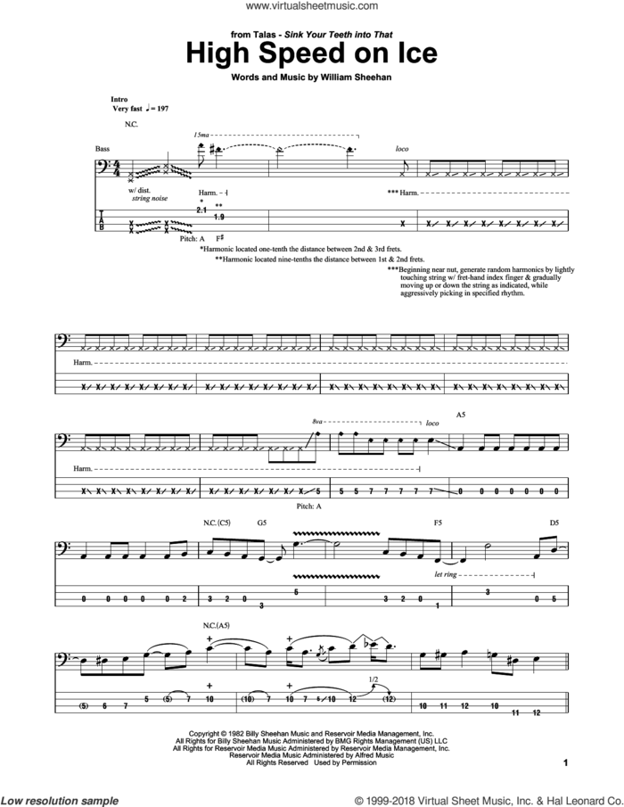 High Speed On Ice sheet music for bass (tablature) (bass guitar) by Billy Sheehan, intermediate skill level