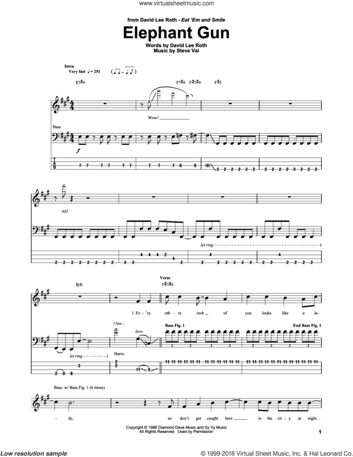 Elephant Gun sheet music for bass (tablature) (bass guitar) by David Lee Roth and Steve Vai, intermediate skill level