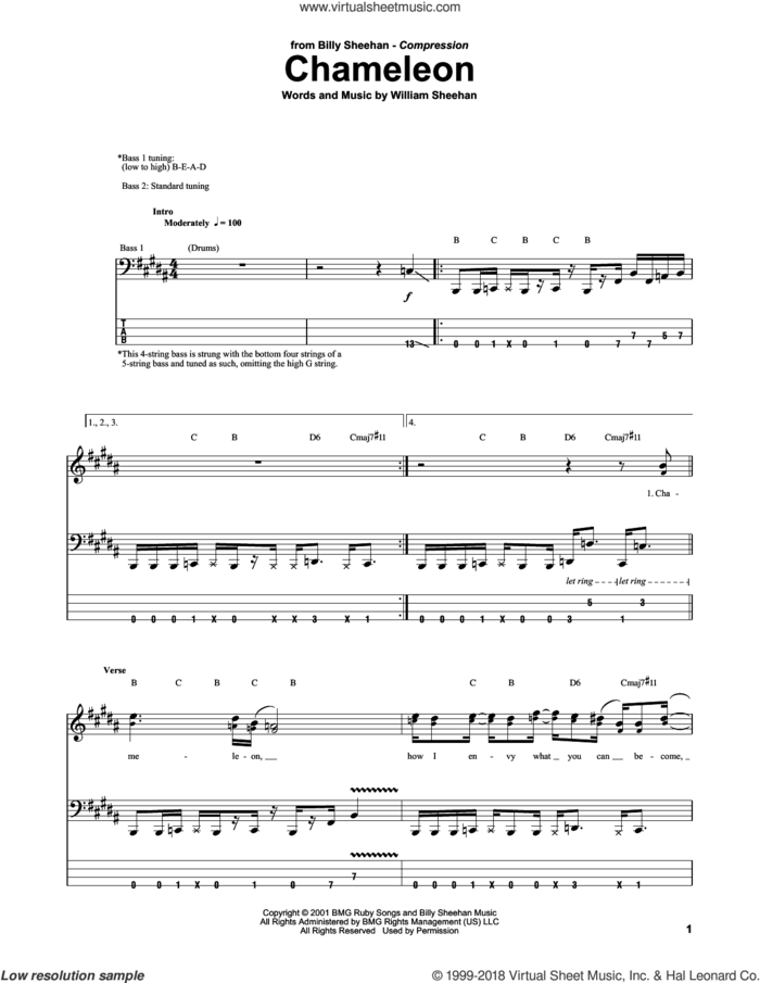 Chameleon sheet music for bass (tablature) (bass guitar) by Billy Sheehan, intermediate skill level