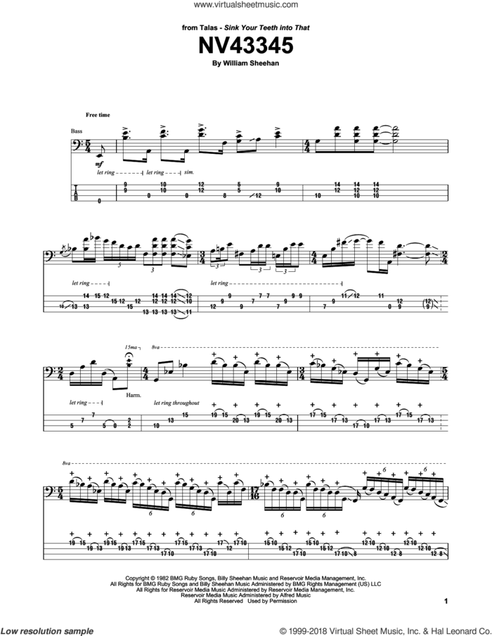 NV43345 sheet music for bass (tablature) (bass guitar) by Billy Sheehan, intermediate skill level