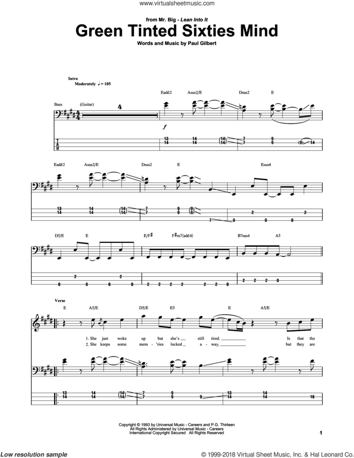 Green Tinted Sixties Mind sheet music for bass (tablature) (bass guitar) by Mr. Big and Paul Gilbert, intermediate skill level