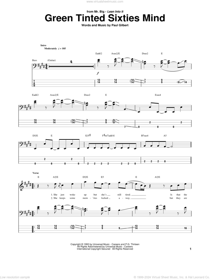 Green Tinted Sixties Mind sheet music for bass (tablature) (bass guitar) by Mr. Big and Paul Gilbert, intermediate skill level