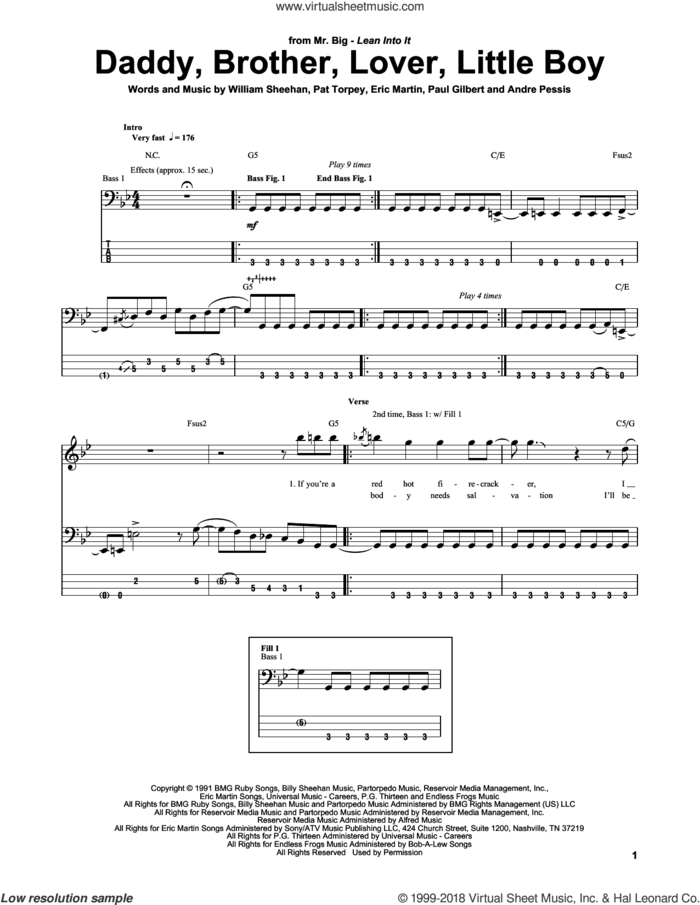 Daddy, Brother, Lover, Little Boy sheet music for bass (tablature) (bass guitar) by Mr. Big, Andre Pessis, Billy Sheehan, Eric Martin, Pat Torpey and Paul Gilbert, intermediate skill level