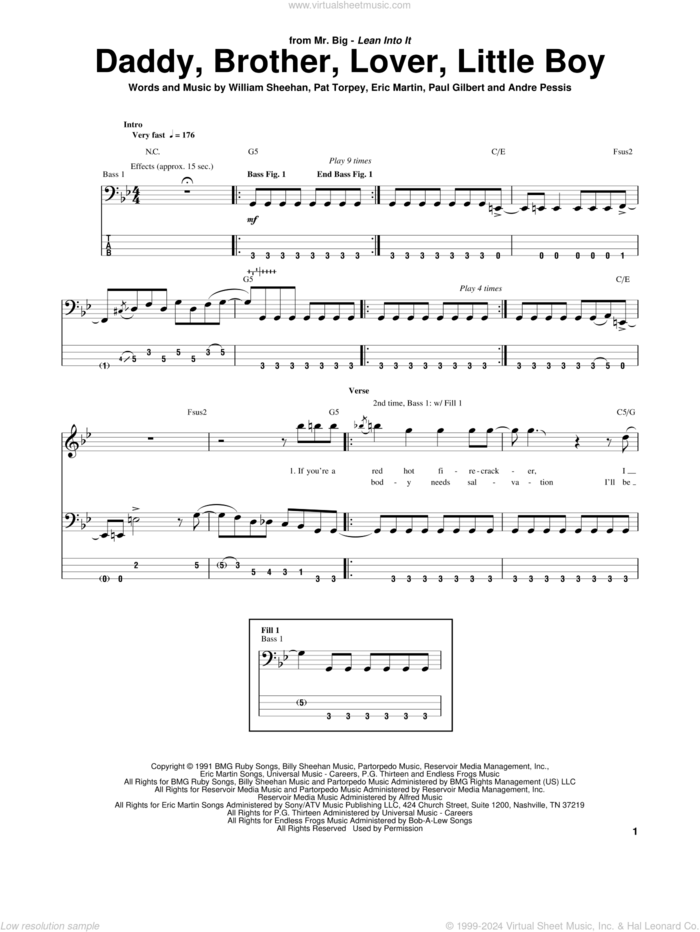 Daddy, Brother, Lover, Little Boy sheet music for bass (tablature) (bass guitar) by Mr. Big, Andre Pessis, Billy Sheehan, Eric Martin, Pat Torpey and Paul Gilbert, intermediate skill level