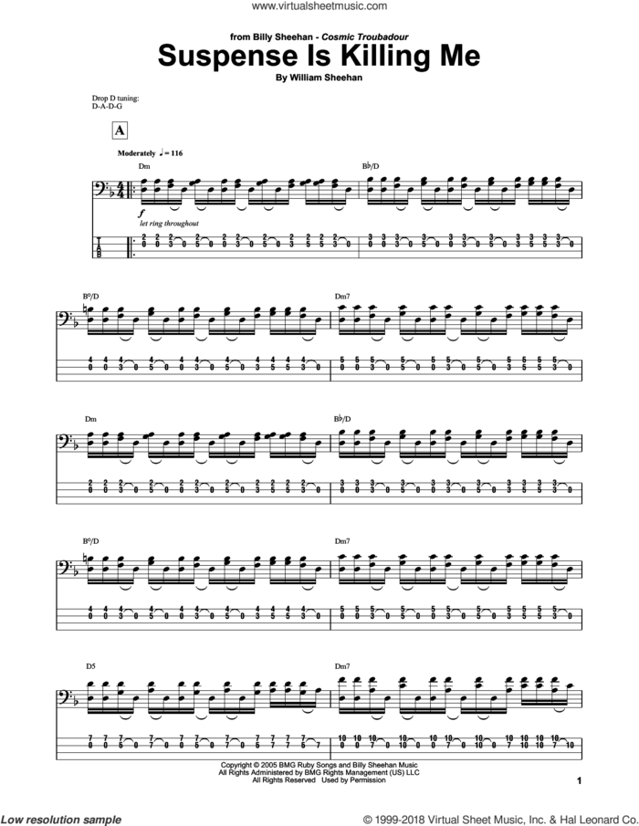 Suspense Is Killing Me sheet music for bass (tablature) (bass guitar) by Billy Sheehan, intermediate skill level