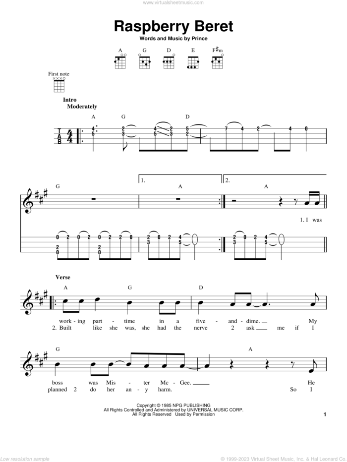 Raspberry Beret sheet music for ukulele by Prince, intermediate skill level