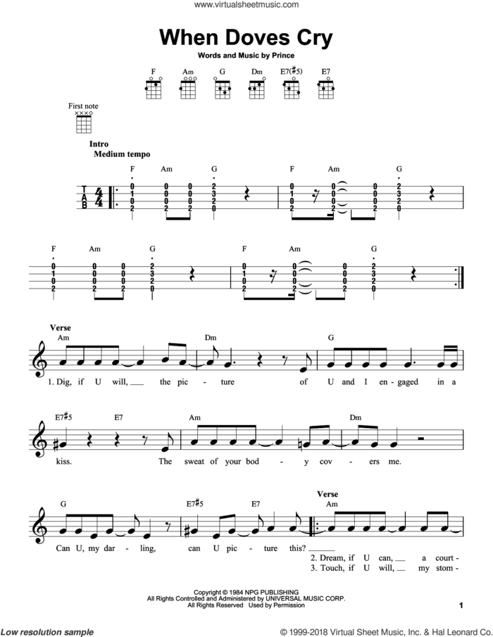 When Doves Cry sheet music for ukulele by Prince, intermediate skill level