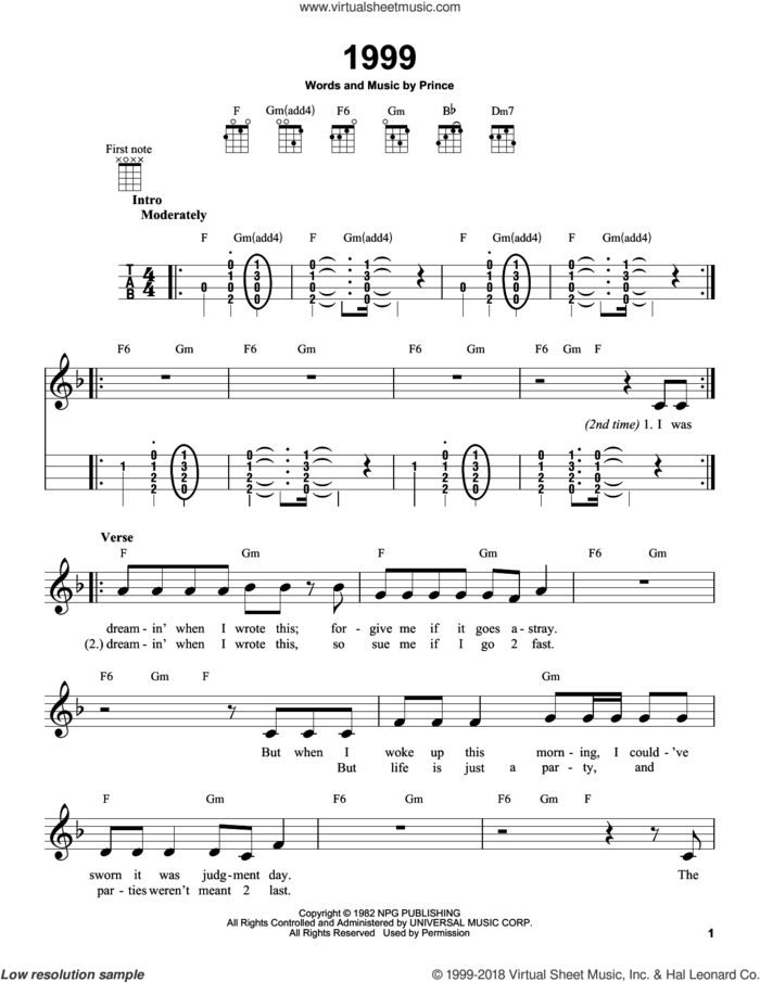 1999 sheet music for ukulele by Prince, intermediate skill level