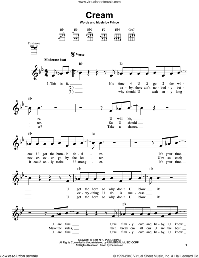 Cream sheet music for ukulele by Prince and Prince &/New Power Generation, intermediate skill level