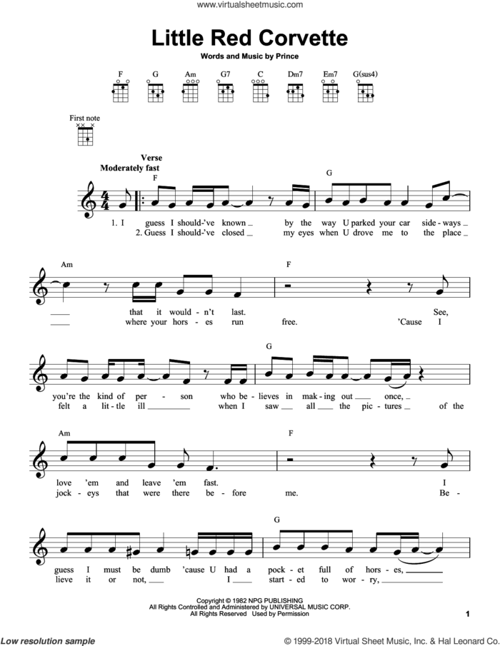 Little Red Corvette sheet music for ukulele by Prince, intermediate skill level