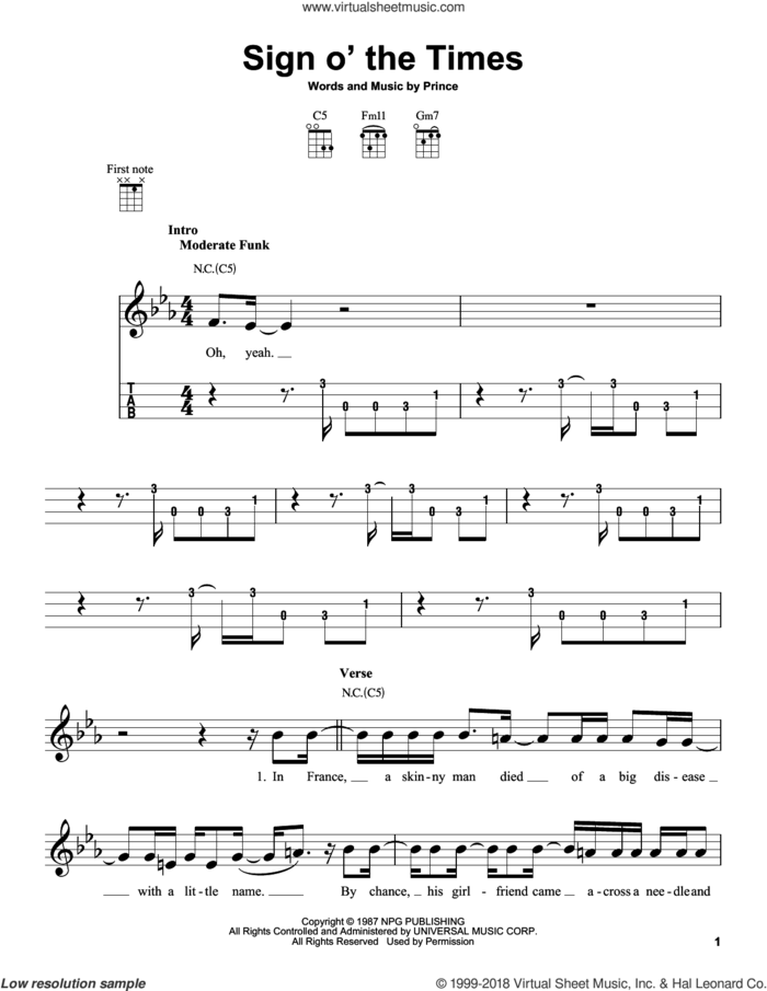 Sign O' The Times sheet music for ukulele by Prince, intermediate skill level