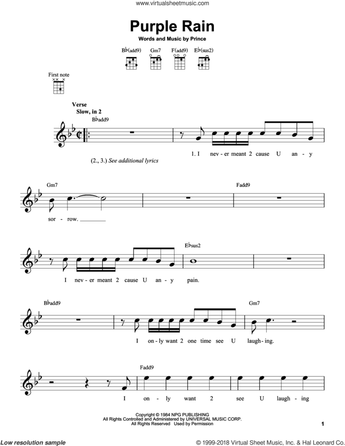 Purple Rain sheet music for ukulele by Prince, intermediate skill level