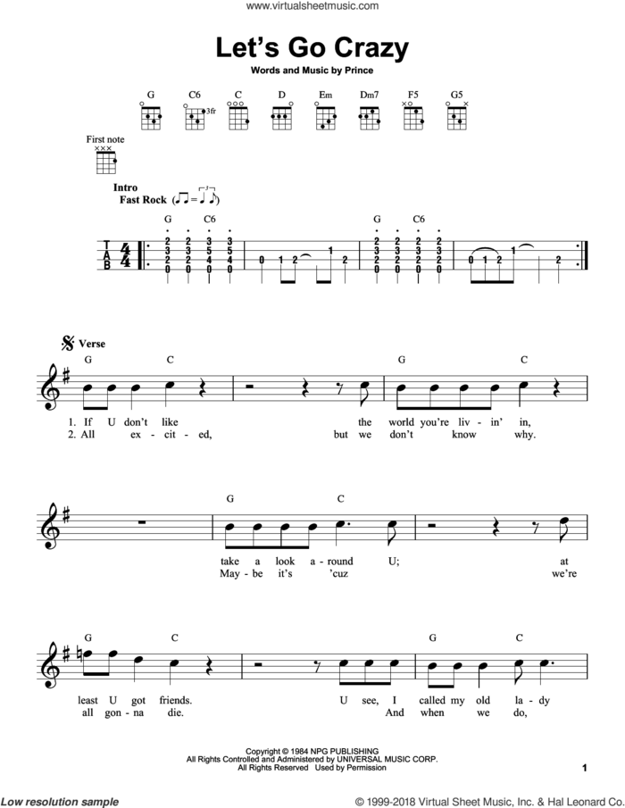 Let's Go Crazy sheet music for ukulele by Prince, intermediate skill level