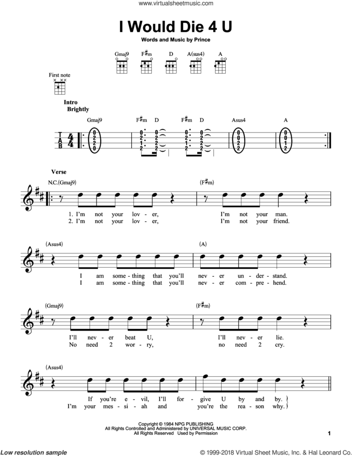 I Would Die 4 U sheet music for ukulele by Prince, intermediate skill level