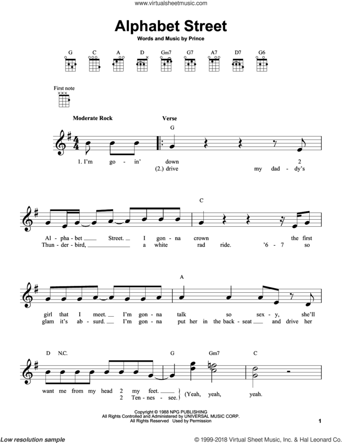 Alphabet Street sheet music for ukulele by Prince, intermediate skill level
