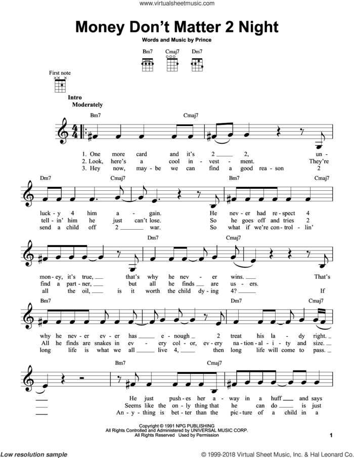 Money Don't Matter 2 Night sheet music for ukulele by Prince, intermediate skill level