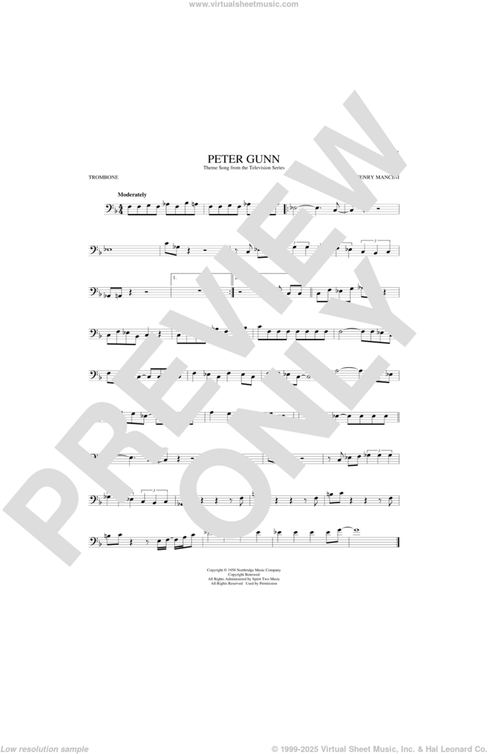 Peter Gunn sheet music for trombone solo by Henry Mancini, intermediate skill level