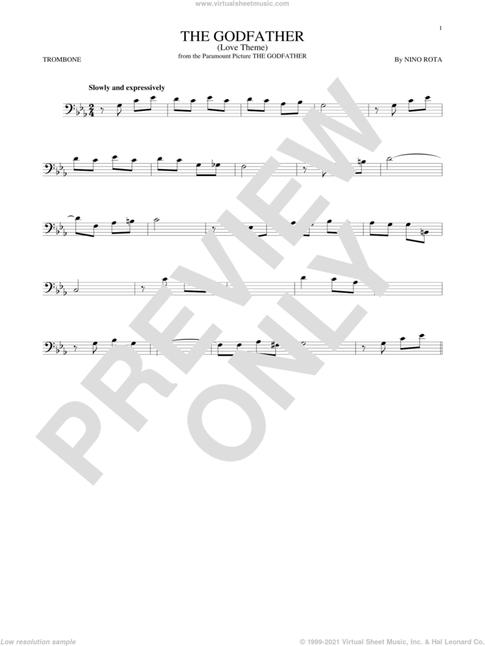 The Godfather (Love Theme) sheet music for trombone solo by Nino Rota, intermediate skill level