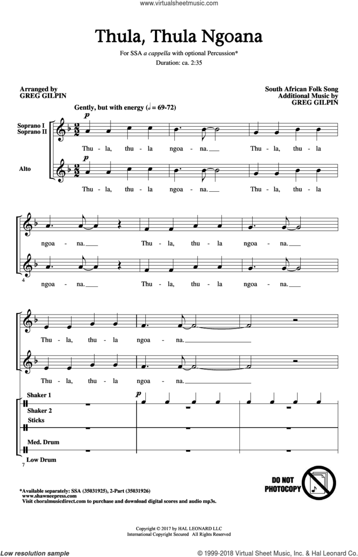 Thula Thula Ngoana sheet music for choir (SSA: soprano, alto) by Greg Gilpin and South African Folksong, intermediate skill level