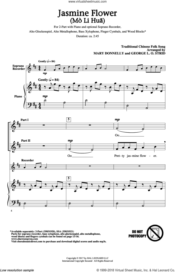 Jasmine Flower (Mo Li Hua) sheet music for choir (2-Part) by Traditional Chinese Folk Song, George L.O. Strid and Mary Donnelly, intermediate duet