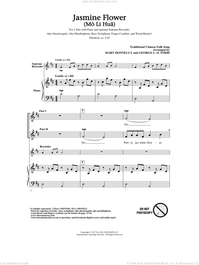 Jasmine Flower (Mo Li Hua) sheet music for choir (2-Part) by Traditional Chinese Folk Song, George L.O. Strid and Mary Donnelly, intermediate duet