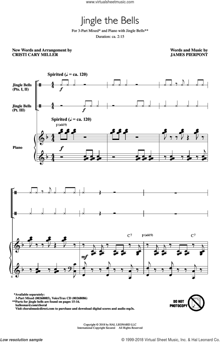 Jingle The Bells sheet music for choir (3-Part Mixed) by James Pierpont and Cristi Cary Miller, intermediate skill level