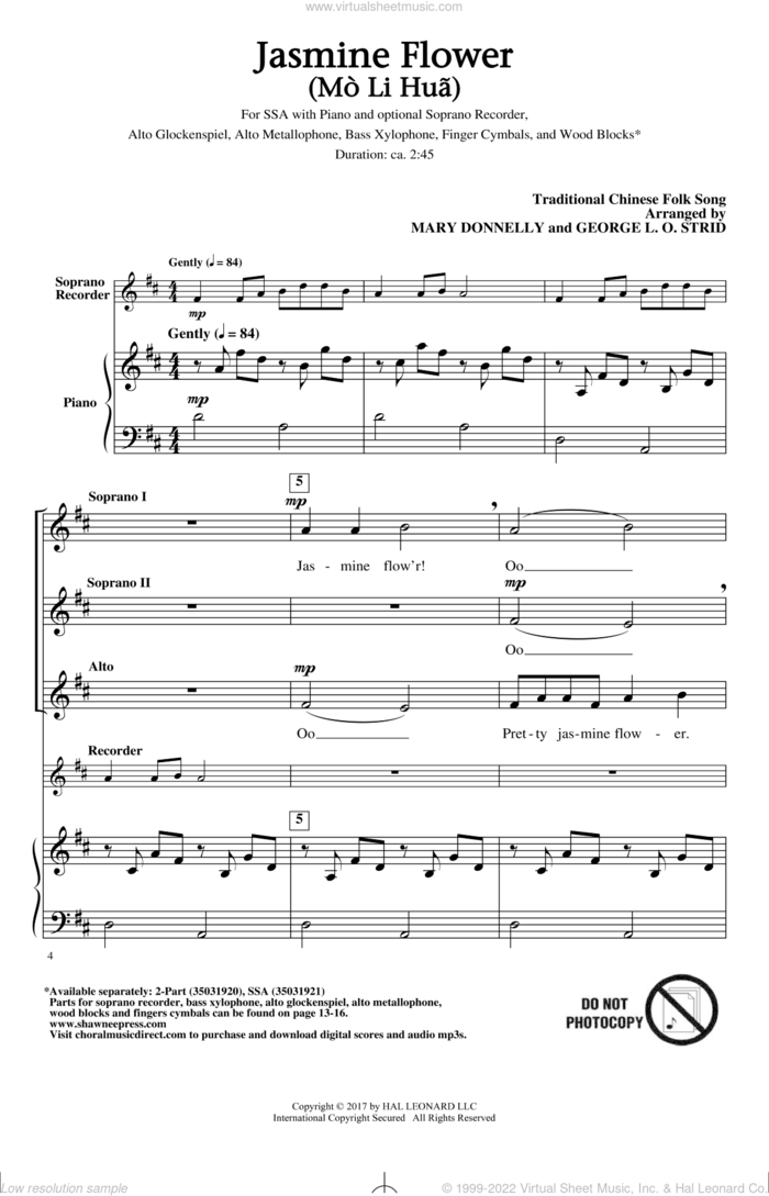 Jasmine Flower (Mo Li Hua) sheet music for choir (SSA: soprano, alto) by Mary Donnelly, George L.O. Strid and Traditional Chinese Folk Song, intermediate skill level