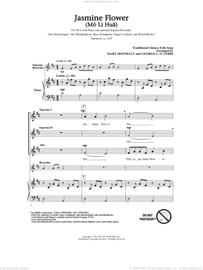 Jasmine Flower (Mo Li Hua) sheet music for choir (SSA: soprano, alto) by Mary Donnelly, George L.O. Strid and Traditional Chinese Folk Song, intermediate skill level