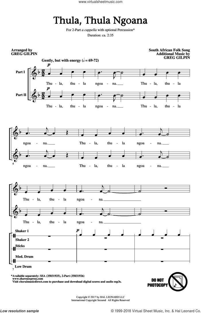 Thula Thula Ngoana sheet music for choir (2-Part) by Greg Gilpin and South African Folksong, intermediate duet