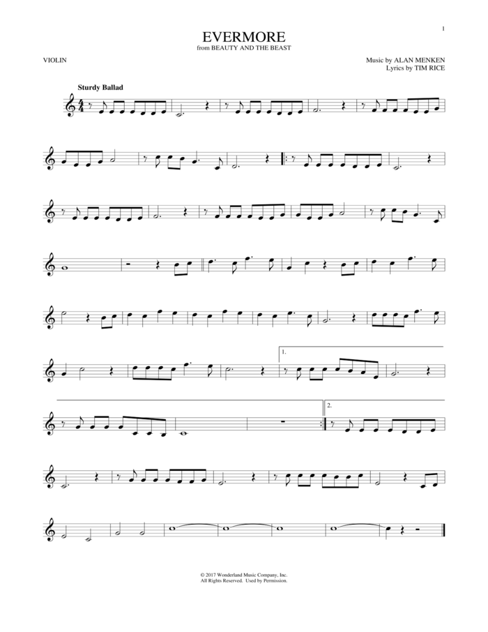 Evermore (from Beauty and the Beast) sheet music for violin solo by Josh Groban, Alan Menken and Tim Rice, intermediate skill level