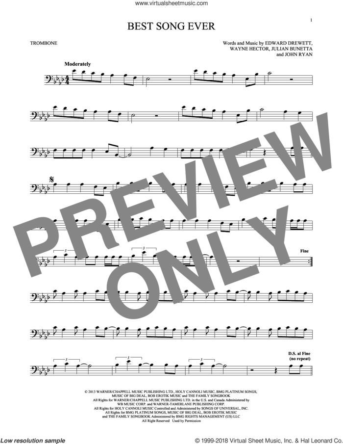 Best Song Ever sheet music for trombone solo by One Direction, Edward Drewett, John Ryan, Julian Bunetta and Wayne Hector, intermediate skill level