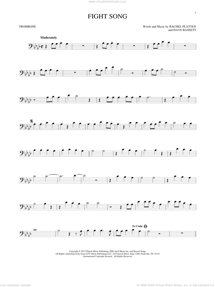 Fight Song sheet music for trombone solo by Rachel Platten and Dave Bassett, intermediate skill level