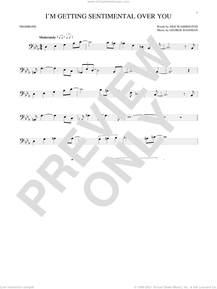 I'm Getting Sentimental Over You sheet music for trombone solo by Ned Washington and George Bassman, intermediate skill level