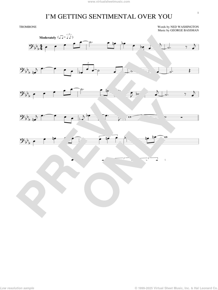 I'm Getting Sentimental Over You sheet music for trombone solo by Ned Washington and George Bassman, intermediate skill level