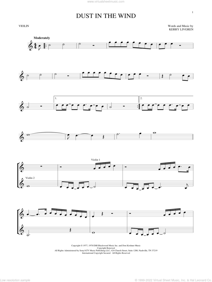 Dust In The Wind sheet music for violin solo by Kansas and Kerry Livgren, intermediate skill level