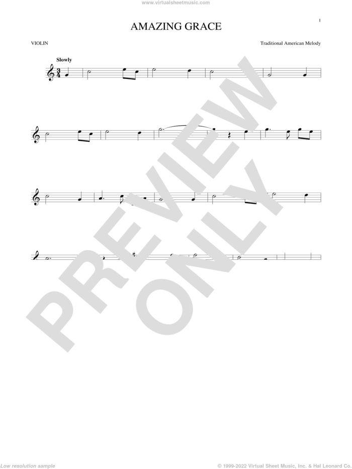 Amazing Grace sheet music for violin solo by John Newton, Edwin O. Excell and Miscellaneous, wedding score, intermediate skill level