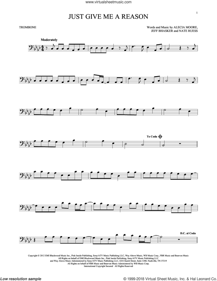 Just Give Me A Reason sheet music for trombone solo by Pink featuring Nate Ruess, Alecia Moore, Jeff Bhasker and Nate Ruess, intermediate skill level