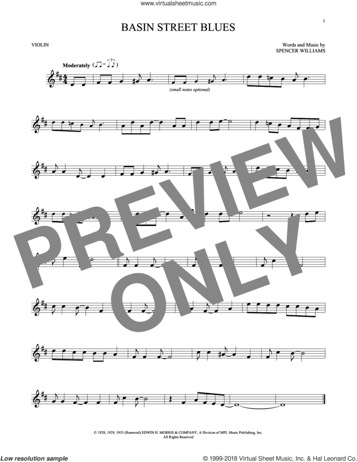 Basin Street Blues sheet music for violin solo by Spencer Williams, intermediate skill level