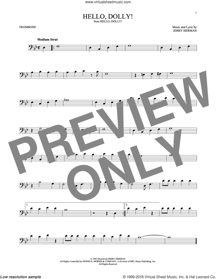 Hello, Dolly! sheet music for trombone solo by Louis Armstrong and Jerry Herman, intermediate skill level